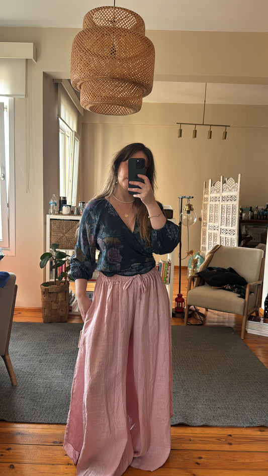 İthal Desenli Keten Bluz