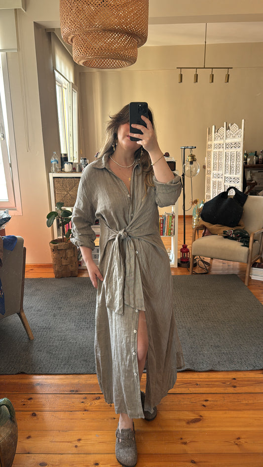 İthal Önden Düğümlü Keten Gömlek Elbise