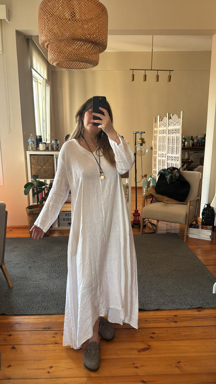 İthal Beyaz Keten Uzun Elbise