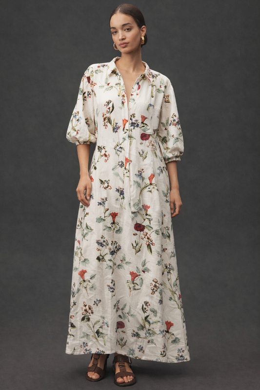 İthal Keten Desenli Gömlek Elbise