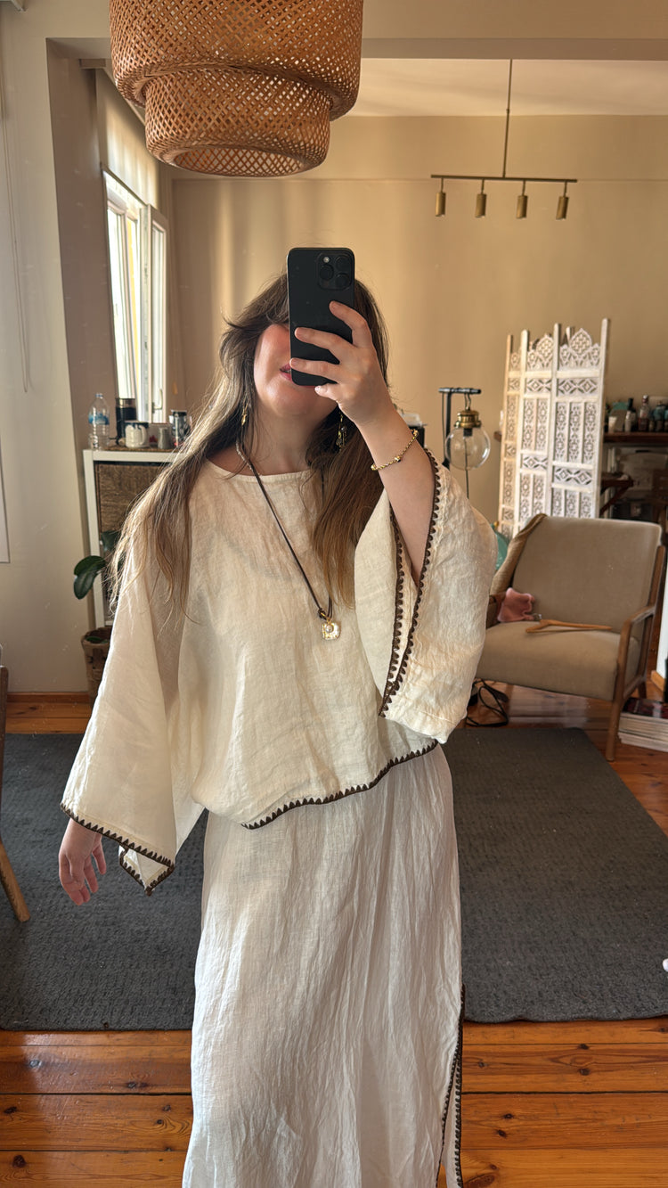 İthal Ekru Keten Elbise/Üst Takım