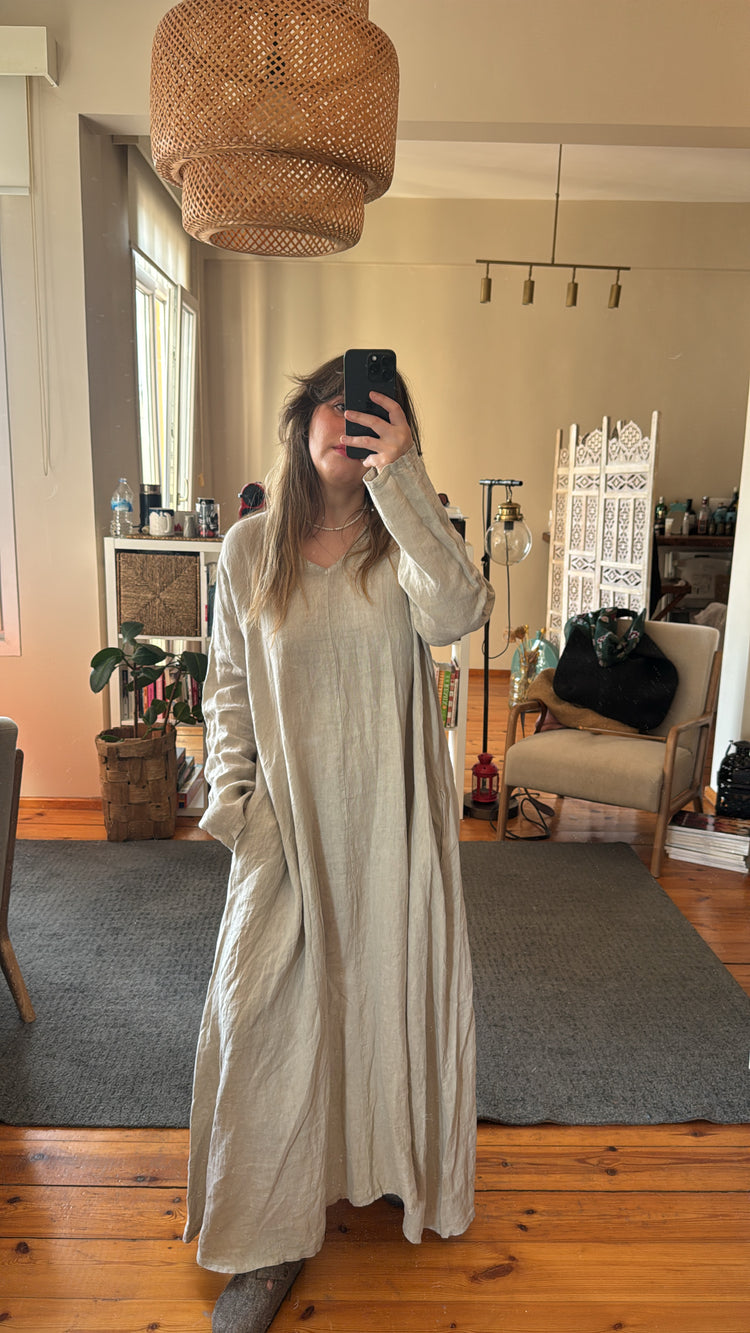 İthal Bej Keten Uzun Elbise