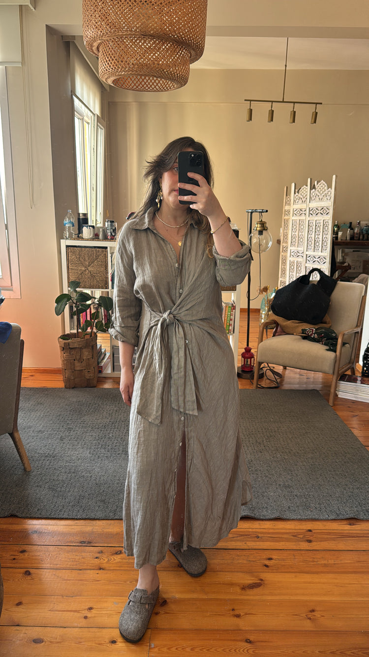 İthal Önden Düğümlü Keten Gömlek Elbise