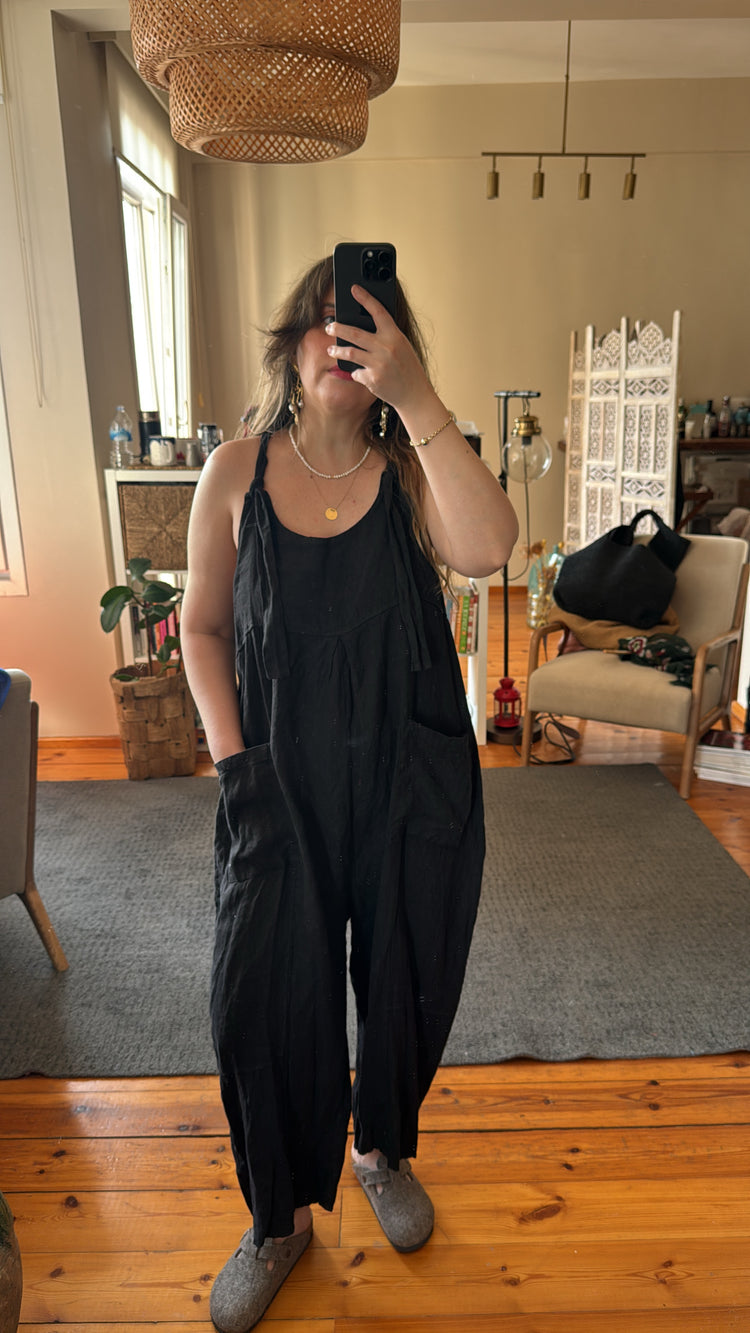 İthal Siyah Keten Tulum