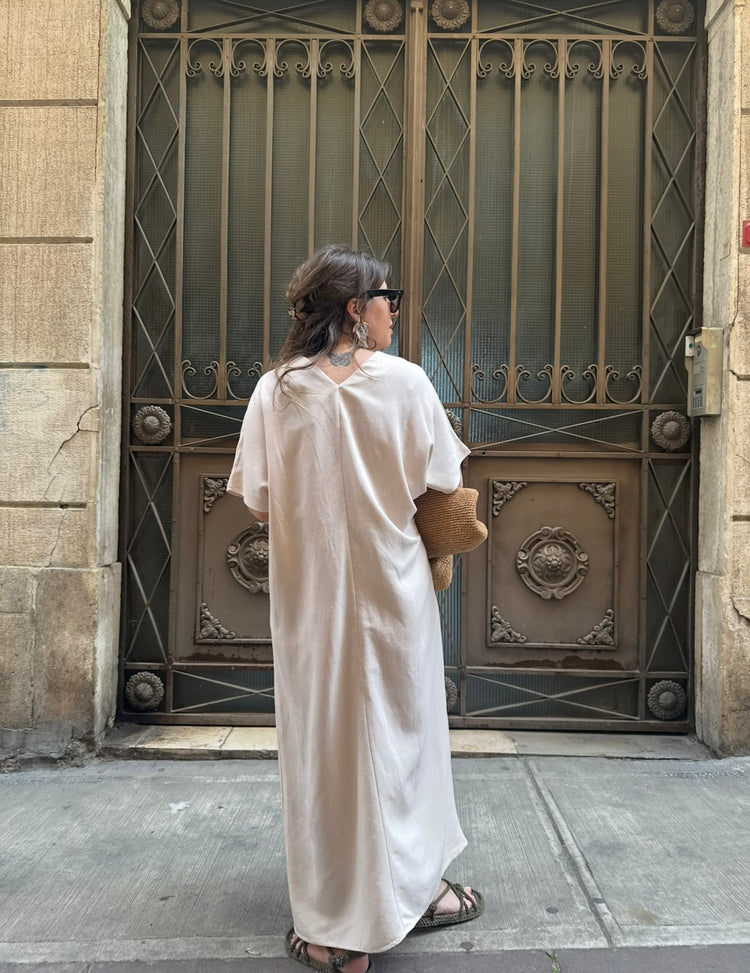 Krem Keten Kaftan Elbise