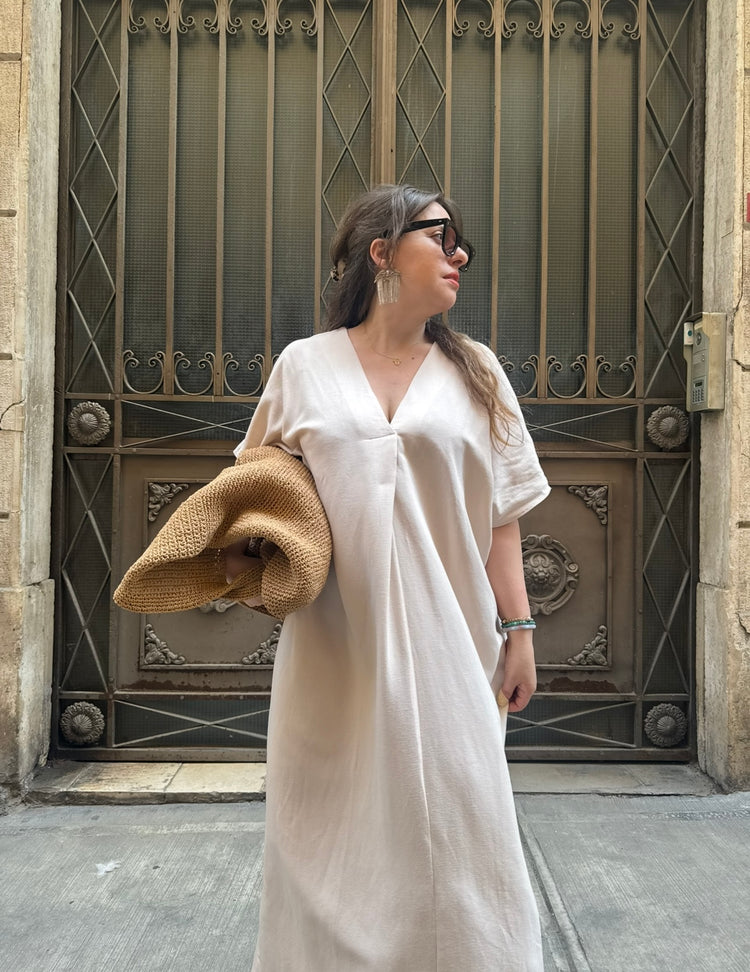 Krem Keten Kaftan Elbise