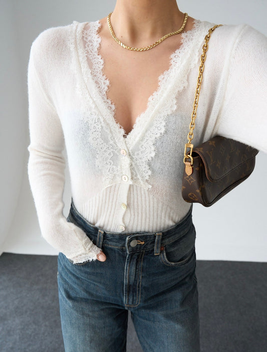 Yakası Ve Kolu Dantelli Hırka