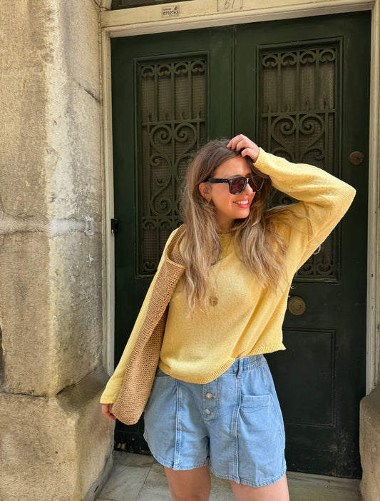 Tensel Denim Önden Düğmeli Şort