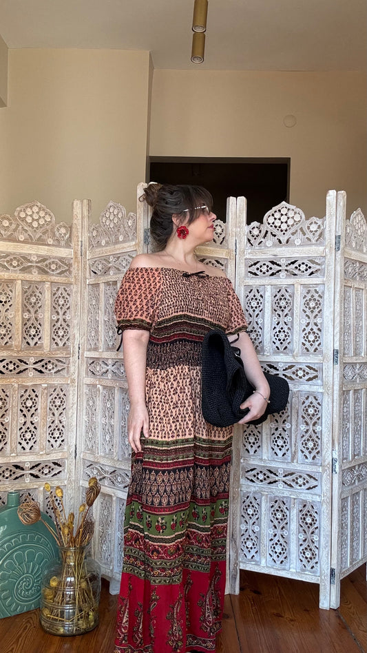 İthal Omuzları Açık Desenli Elbise