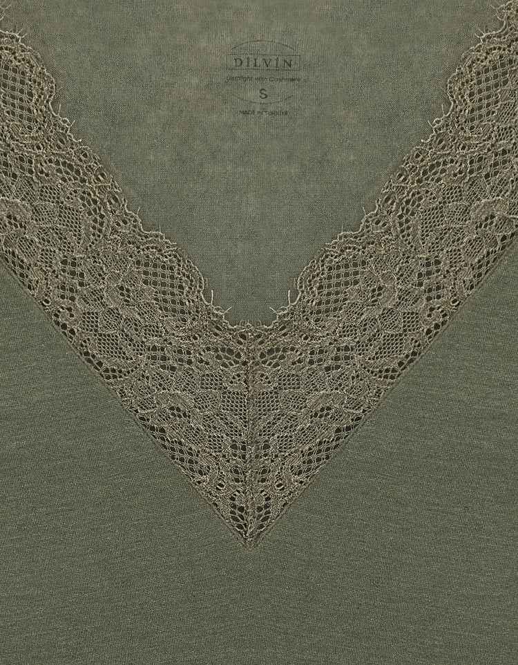 Dantelli Kaşmir Haki Bluz