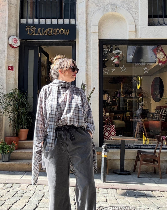 Mavi Ekose Pelerin Bluz