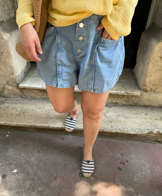 Tensel Denim Önden Düğmeli Şort