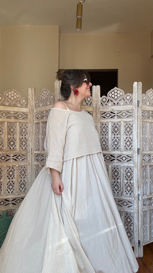 İthal Bej Keten/Koton Maxi Elbise