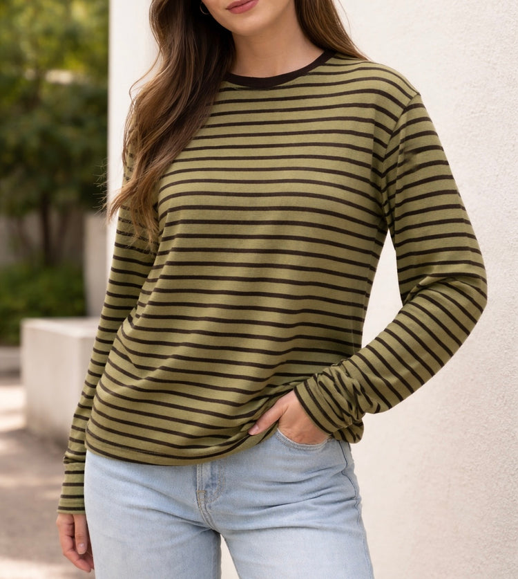 Haki Çizgili Uzun Kollu Basic T-shirt