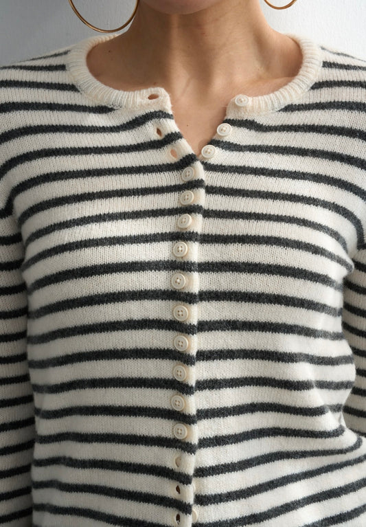 Krem/Antrasit Çizgili Hırka