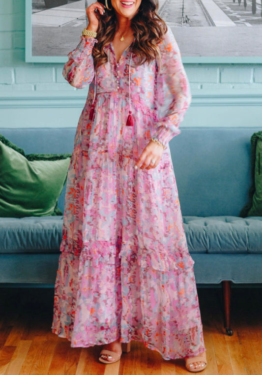 İthal Şifon İçi Astarlı Pembe Maxi Elbise