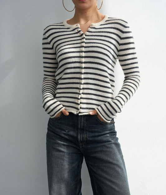 Krem/Antrasit Çizgili Hırka