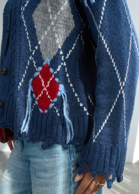 Koyu İndigo Baklava Desenli Hırka