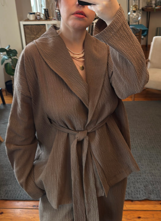 Gofre Kumaş Kahve Kimono