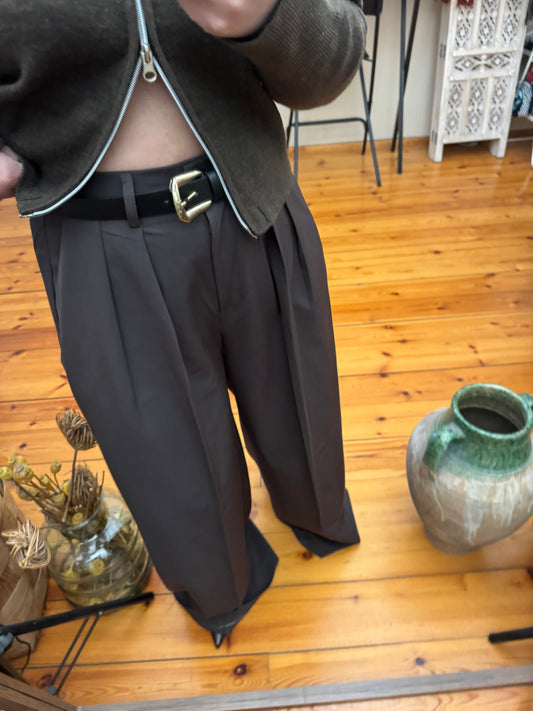 Koyu Kahve Pilili Palazzo Kemerli Pantolon