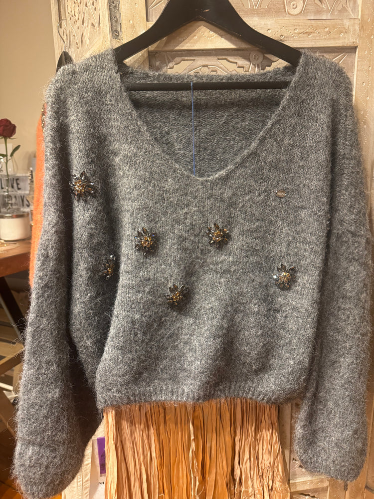 Gri İthal Taşlı Triko