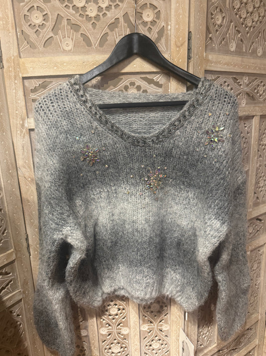 Gri Degrade İthal Taşlı Triko