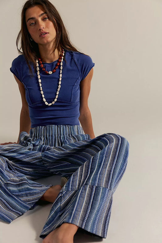 Free People Mavi Çizgili Keten Pantolon