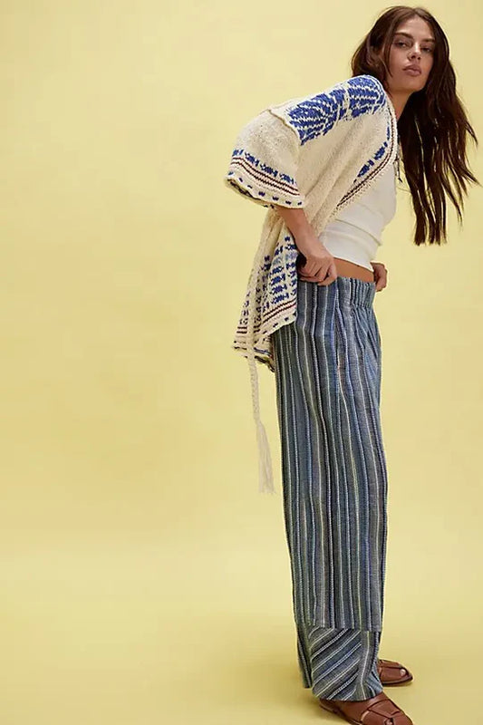 Free People Mavi Çizgili Keten Pantolon