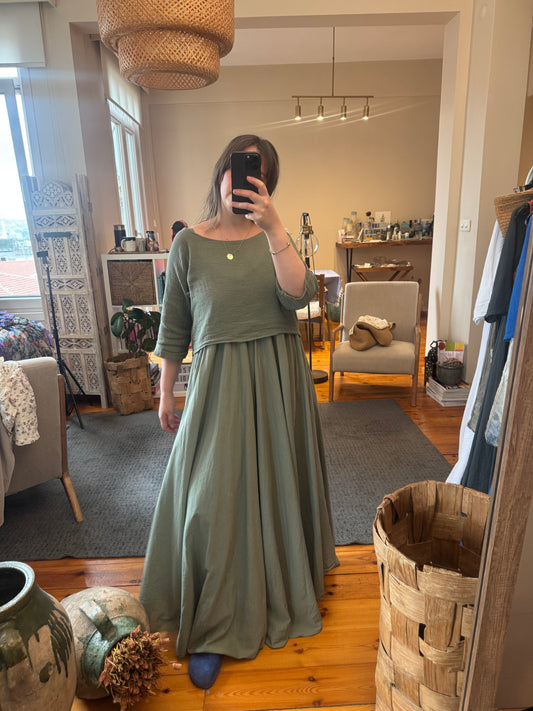 İthal Haki Keten/Koton Maxi Elbise