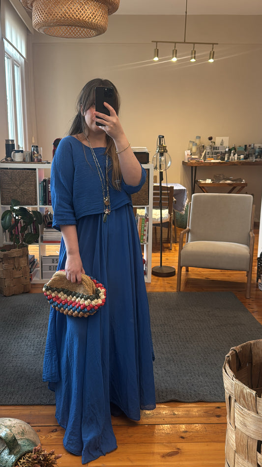 İthal Saks Mavi Keten/Koton Maxi Elbise