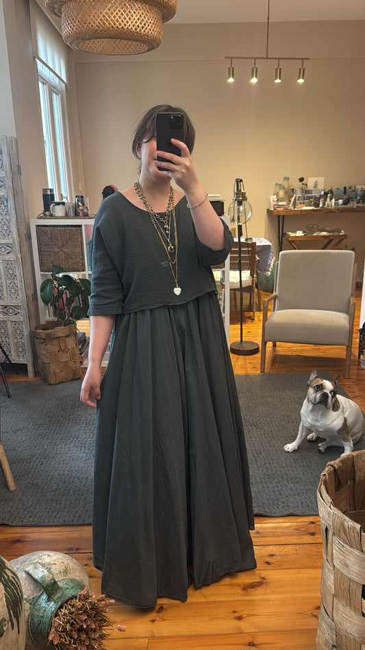 İthal Antrasit Keten/Koton Maxi Elbise