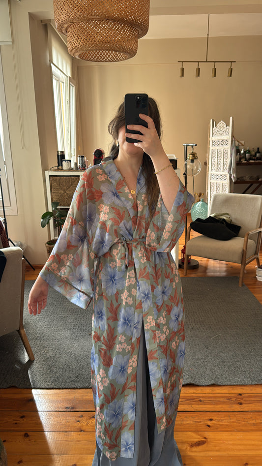 Mavi Desenli Şifon Kimono