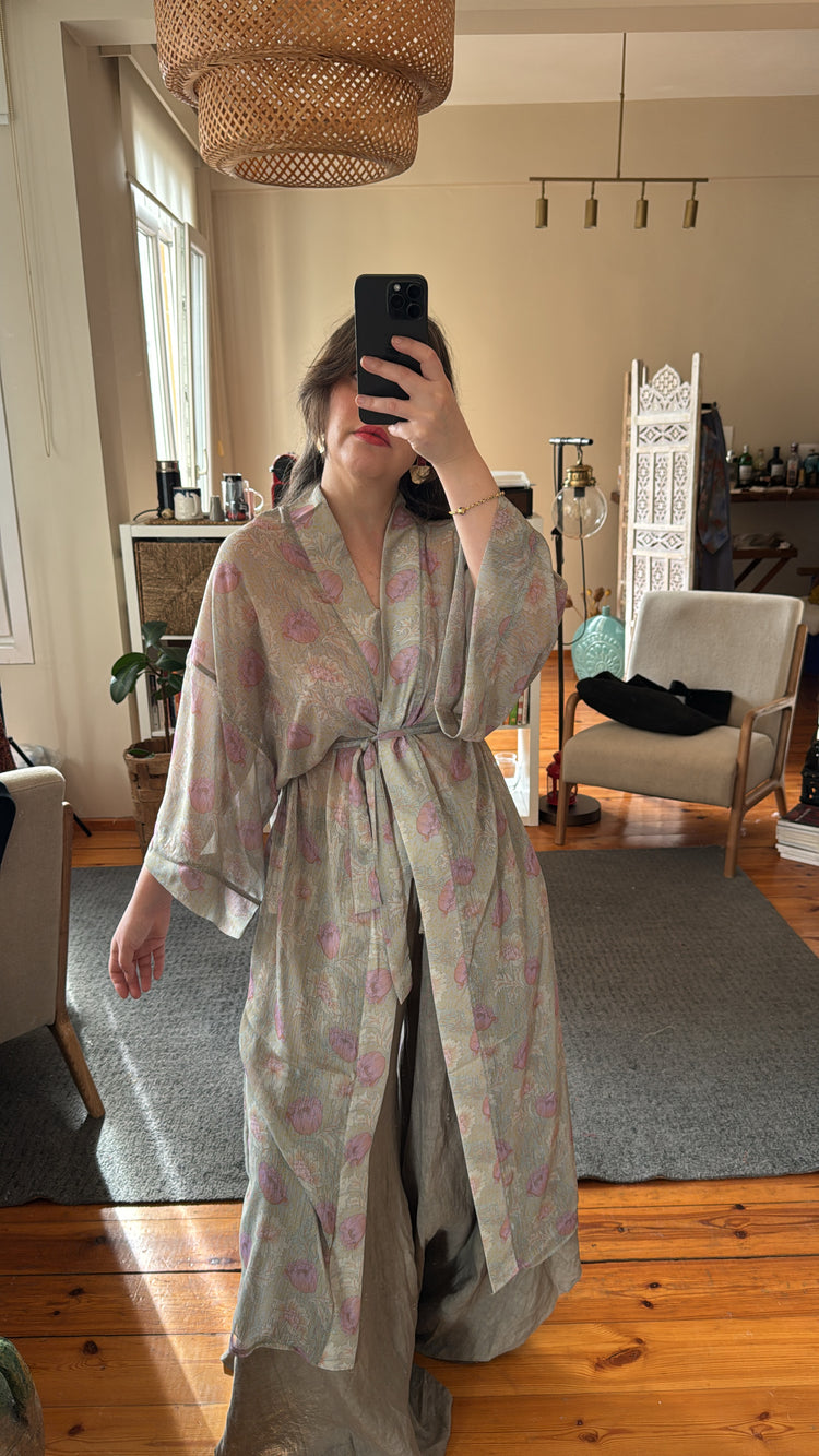 Haki Desenli Şifon Kimono