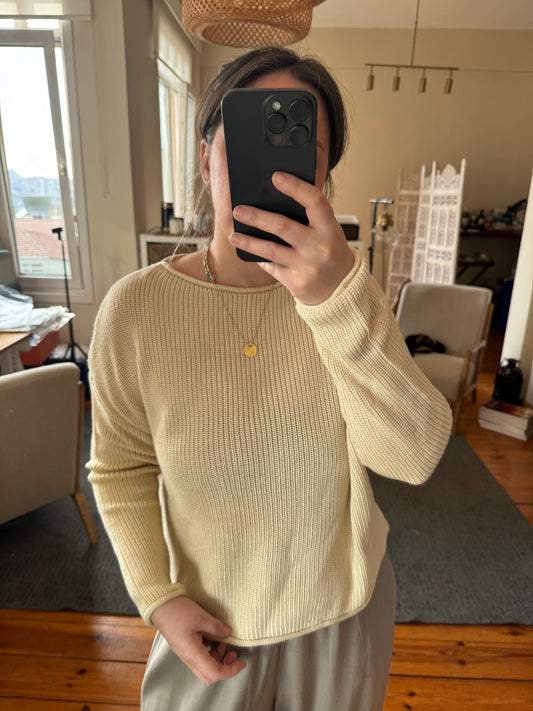 Kayık Yaka Salaş Krem Merserize Kazak