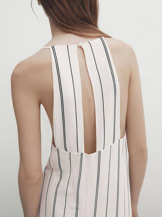 Çizgili Sırt Dekolteli Astarlı Uzun Elbise