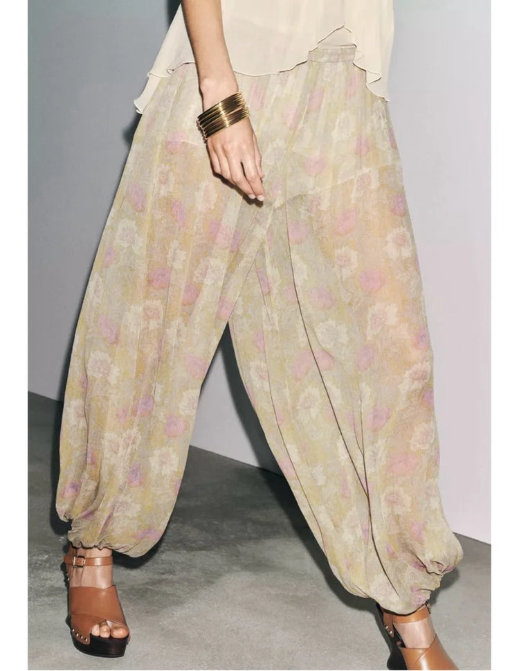 Şifon Desenli Haki Şalvar Pantolon