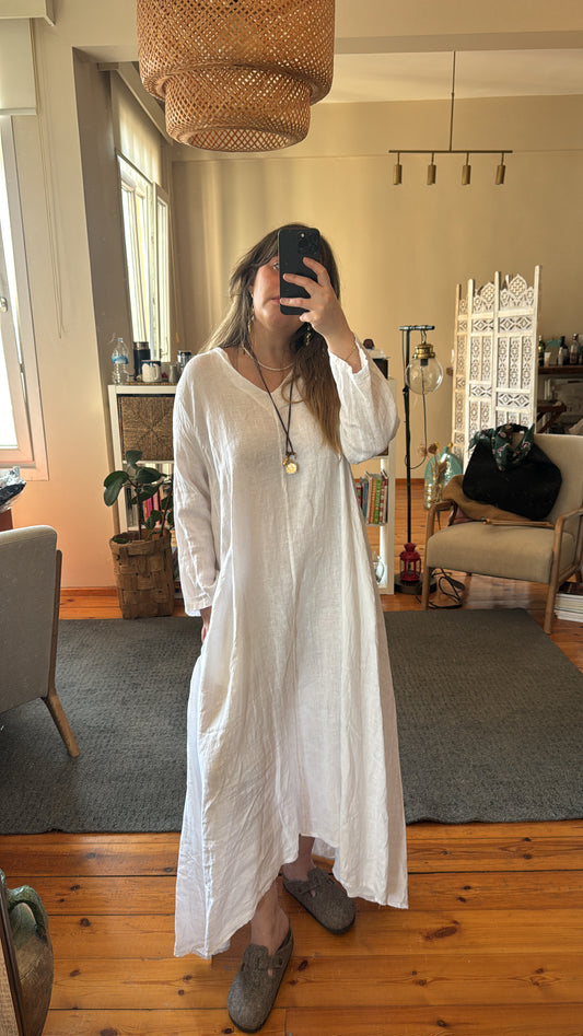 İthal Beyaz Keten Uzun Elbise