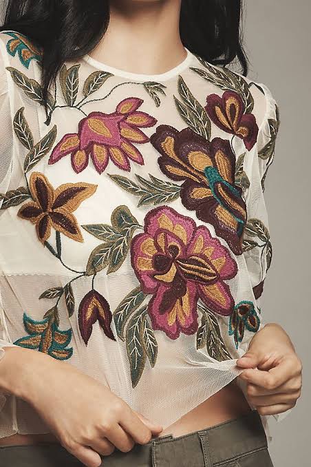 İthal Tül İşlemeli Bluz