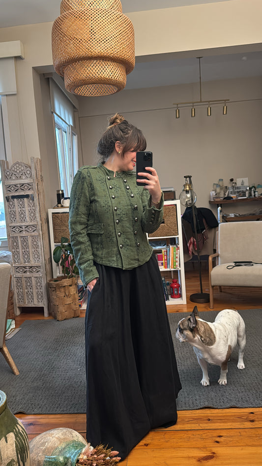 İthal Siyah Keten Geniş Paça Pantolon