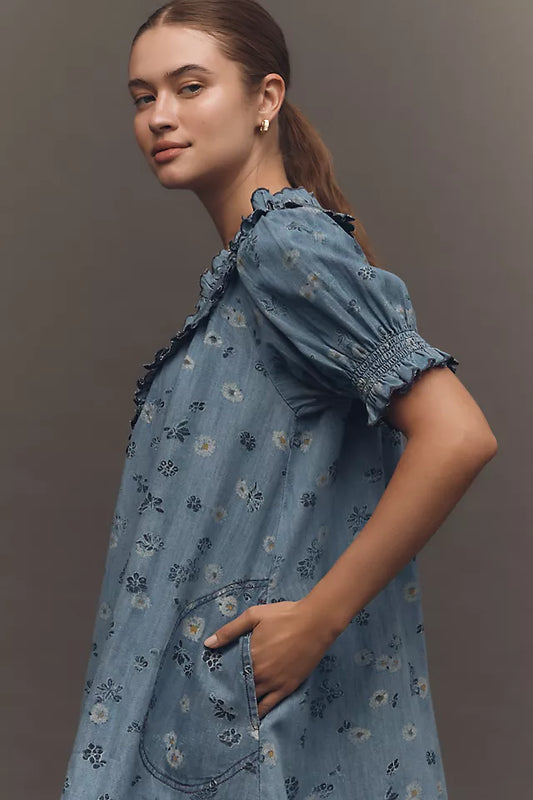 İthal Denim Çiçekli Oversize Gömlek Elbise