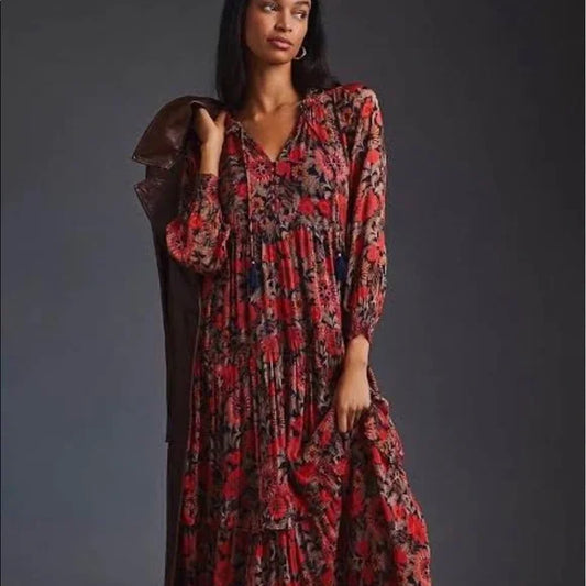 İthal Şifon İçi Astarlı Kırmızı Maxi Elbise