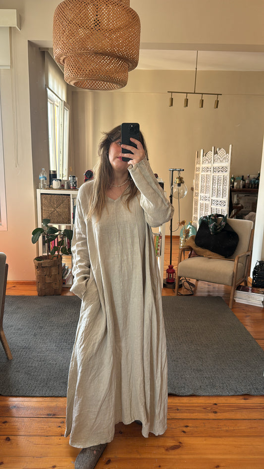 İthal Bej Keten Uzun Elbise