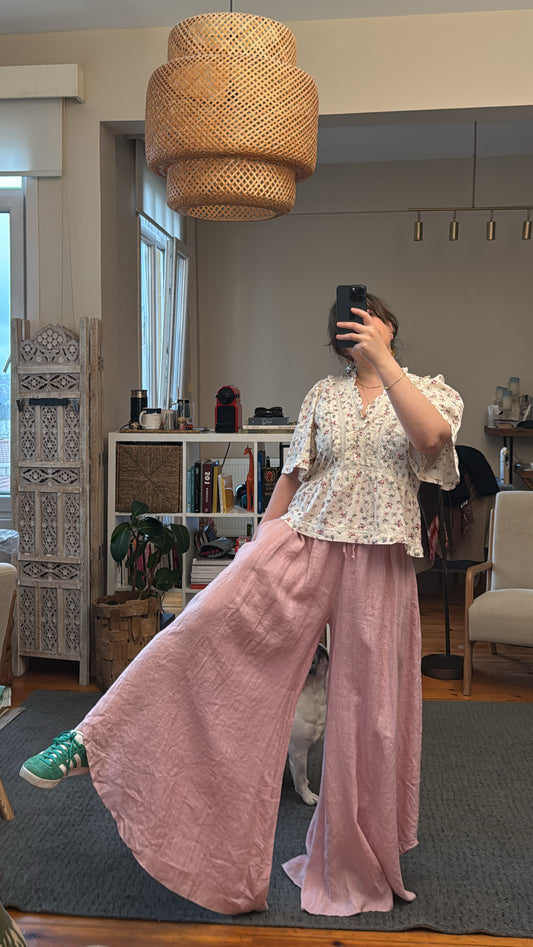 İthal Pembe Keten Geniş Paça Pantolon