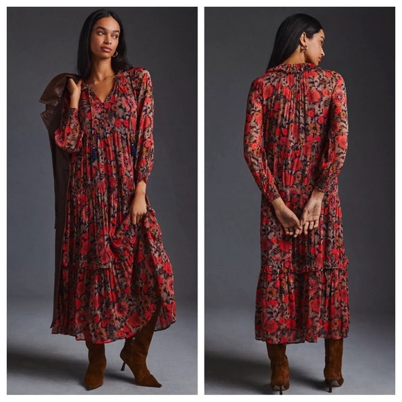 İthal Şifon İçi Astarlı Kırmızı Maxi Elbise