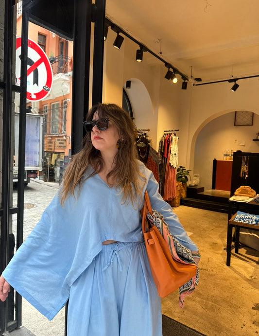 Mavi Keten Yarasa Kol/Pantolon Takım