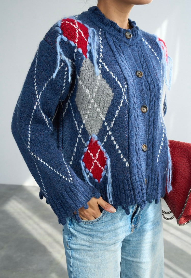 Koyu İndigo Baklava Desenli Hırka