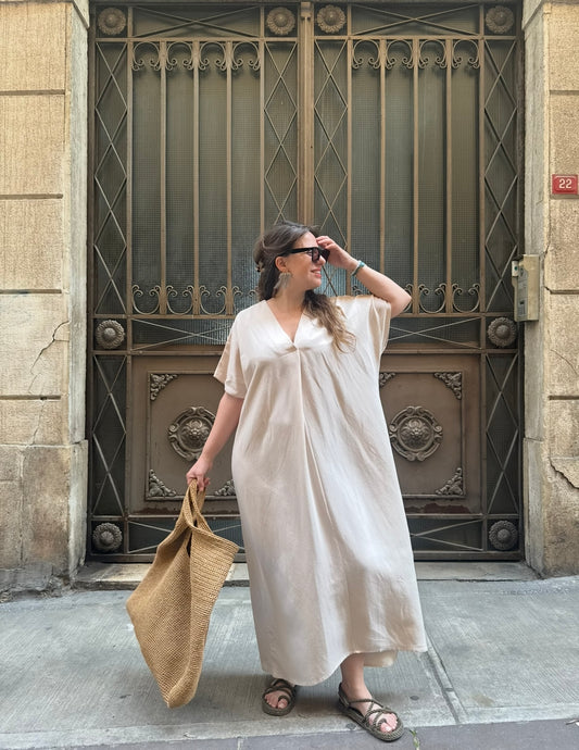Krem Keten Kaftan Elbise