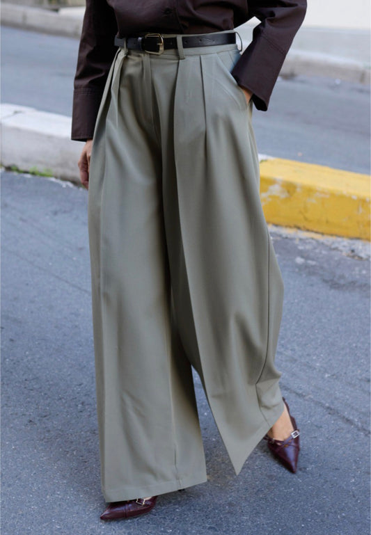 Koyu Kahve Pilili Palazzo Kemerli Pantolon