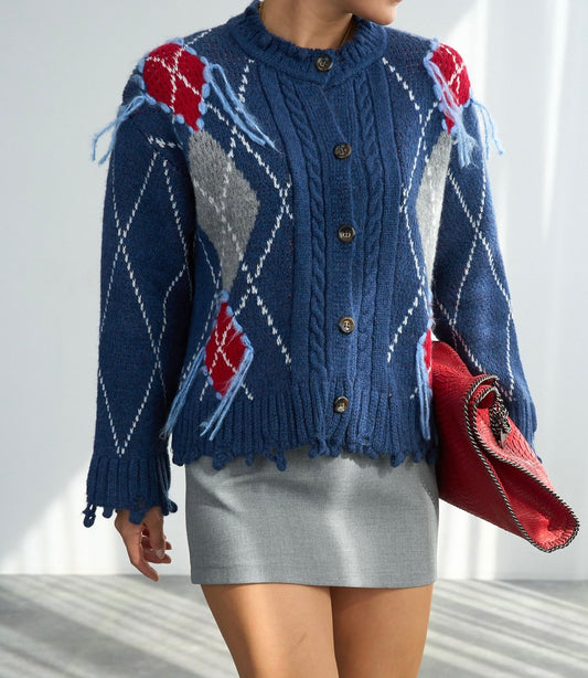 Koyu İndigo Baklava Desenli Hırka