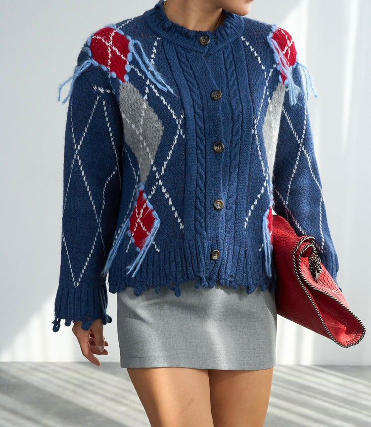 Koyu İndigo Baklava Desenli Hırka